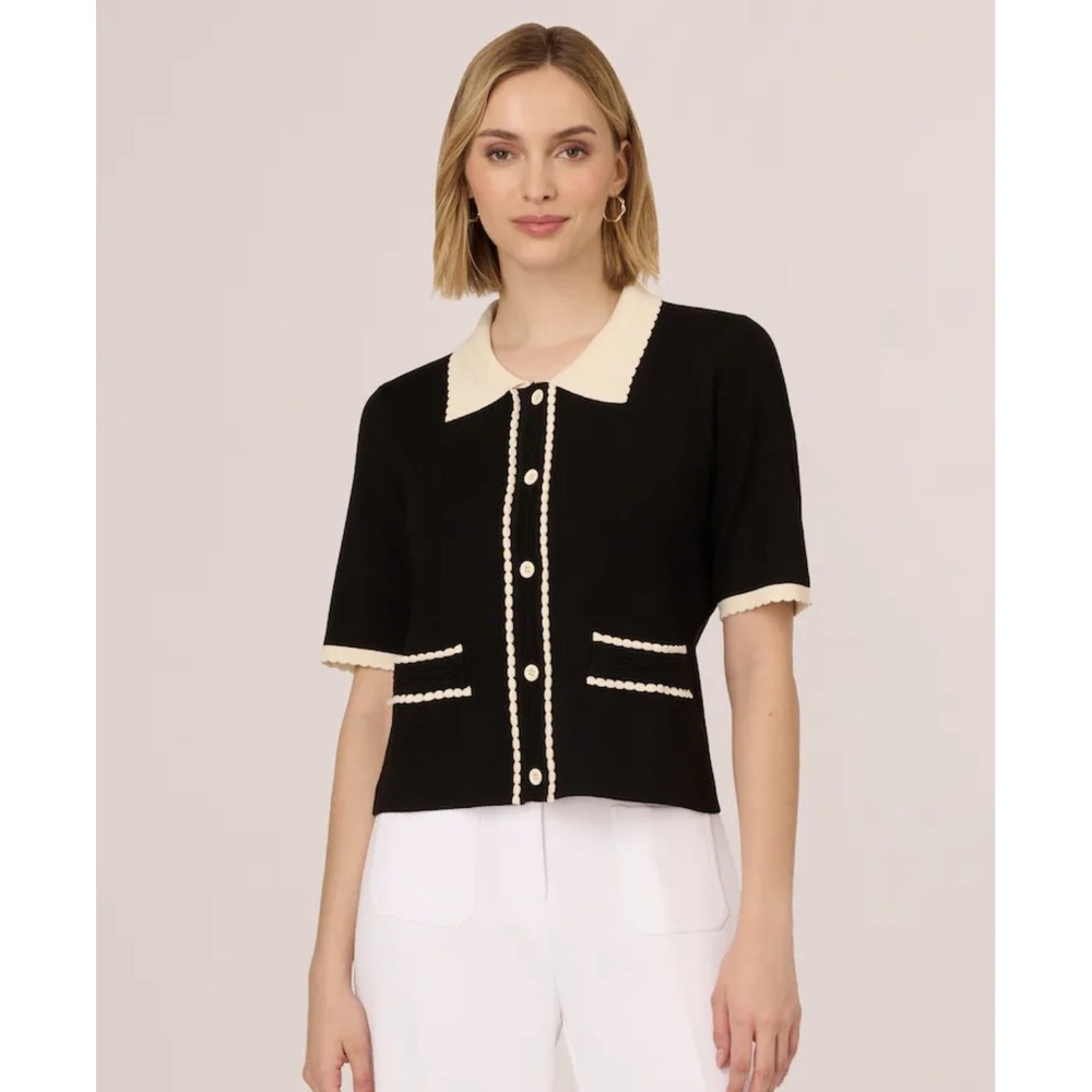 Adrianna Papell Black Cream Scalloped Collar Short Sleeve Cardigan Sweater M